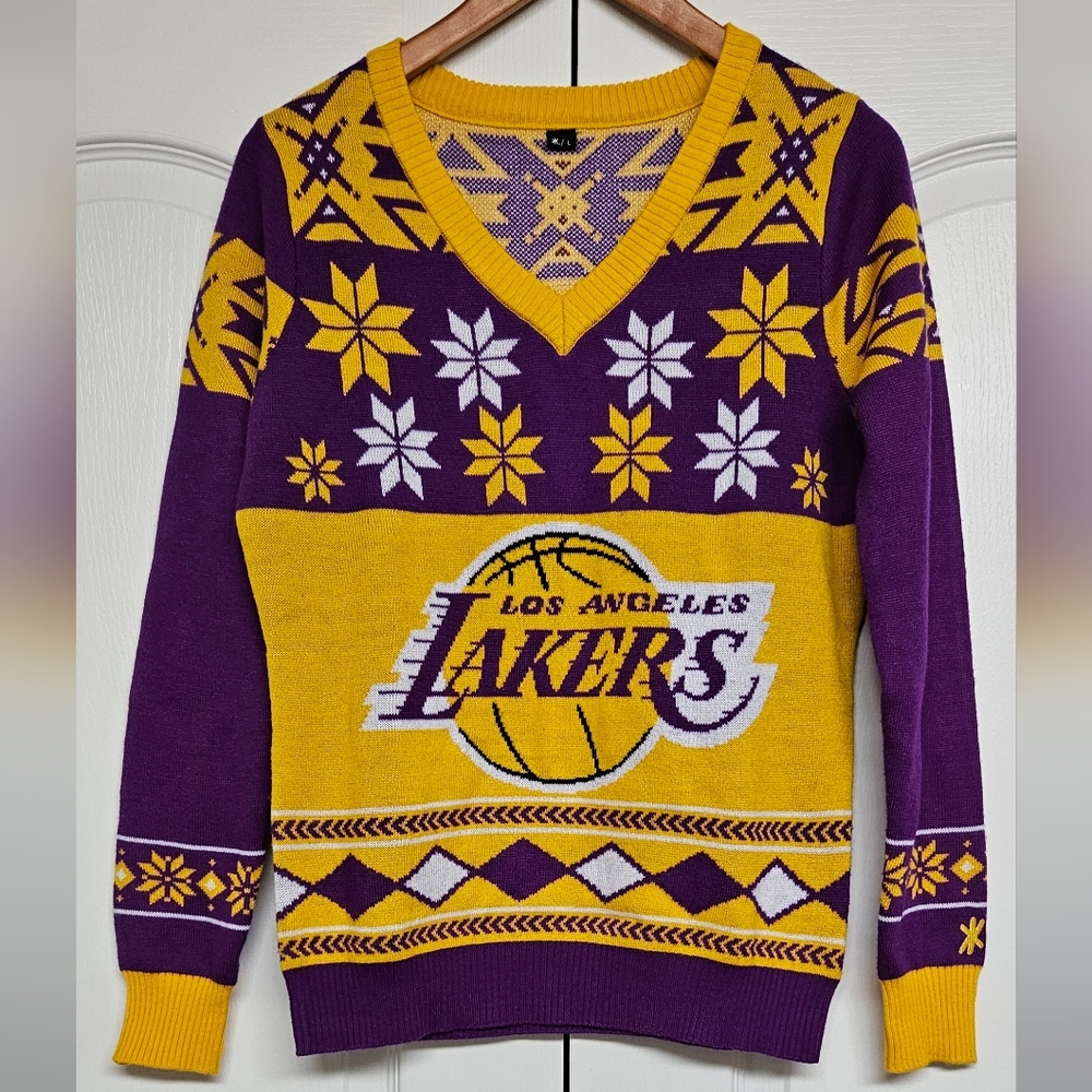 Los Angeles Lakers Holiday Sweater Large Purple Gold Snowflake Design NBA